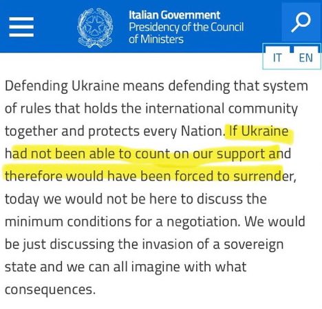 義大利總理梅洛尼表達聲援烏克蘭時，烏克蘭的翻譯出了差錯。義大利政府公布了文字記錄。   圖：翻攝自義大利政府