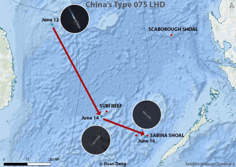  6月12日就有軍事專家發現不清楚舷號艦名的解放軍075型兩棲攻擊艦出現在南海，16日就出現在仙賓暗沙附近海域。 圖：翻攝「X」@duandang 