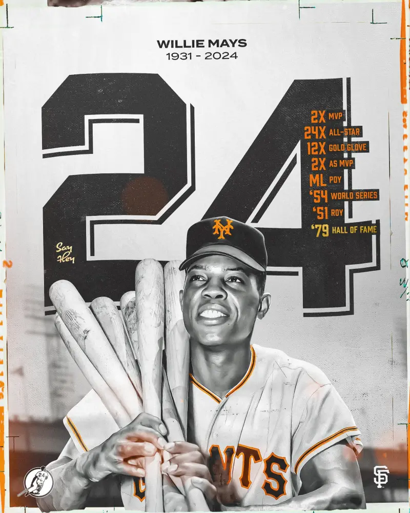 ▲ 美國職棒大聯盟官方在今（19）日宣布，舊金山巨人傳奇名人堂球星Willie Mays(梅斯)在今早過世，享耆壽93歲。（圖／巨人隊推特）   