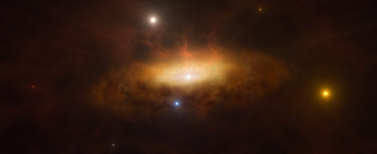 位於處女座的 SDSS1335+0728 星系近期亮度大幅提升，天文學家們認為應該是星系內部的黑洞正在甦醒的過程中，吞噬周圍許多氣體，才產生這種現象。   圖：翻攝自 ESO 官網