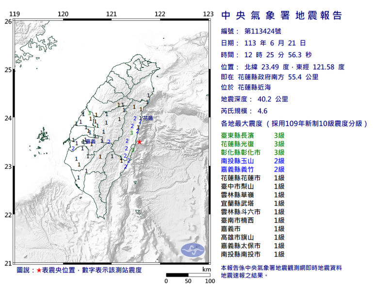 今日中午12時25分發生規模4.6規模地震。   圖：翻攝自中央氣象署官網