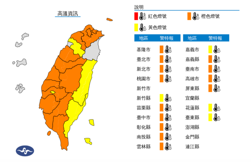 今(23)日中午中央氣象署發布了高溫特報，白天雲林縣、台南市為橙色燈號，有38度極端高溫出現的機率。   圖：翻攝自中央氣象署官網