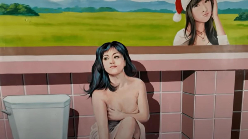 忠權社區北極宮公廁「爆乳妹」繪畫爆紅。   圖:翻攝自YouTube「普通女子 孫女」