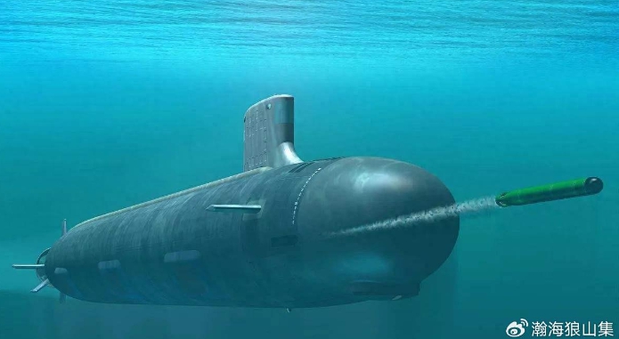  潛艇發射尾流自導魚雷。 圖 : 翻攝自微博瀚海狼山集 