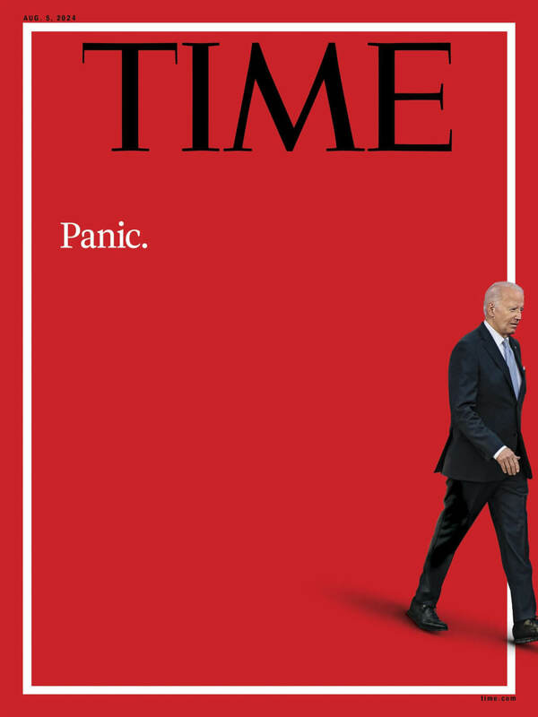 時代雜誌近日公布8月5日出版的封面可見拜登走出紅色背景，一旁寫著「恐慌」。   圖：翻攝TIME X（前推特）