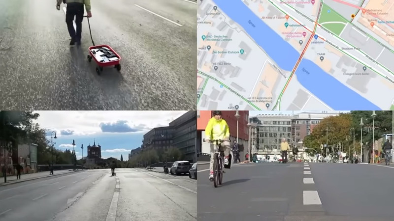 一名德國的行為藝術家，利用 99 台二手的智慧型手機在 Google Maps 上人為製造了一場「大塞車」，另許多網友開始反思科技與人類的關係。   圖：擷取自 @Morris_LT X 分享影片