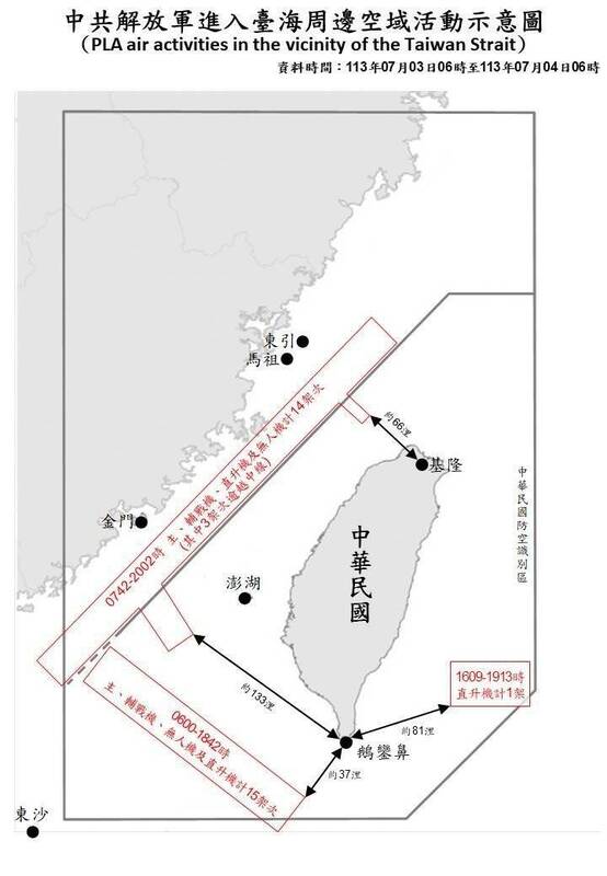 國防部本（4）日公布「中共解放軍進入台海周邊空域活動示意圖」。   圖：取自國防部網站。