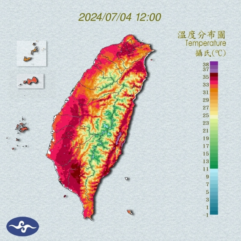 除了高雄，全台中午都熱到紅通通，高溫飆至35或36度以上。   圖：翻設自中央氣象署官網