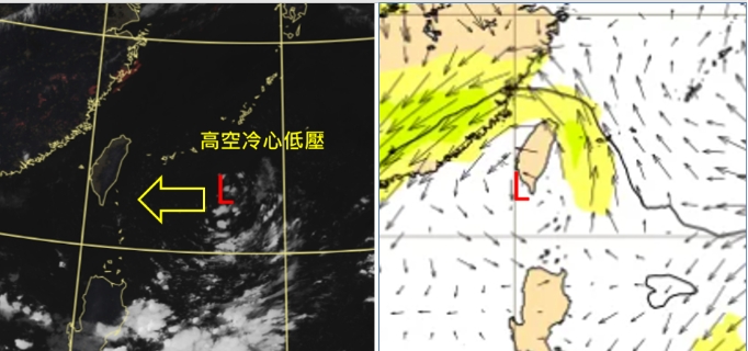 7日4時真實色強化雲圖顯示，「高空冷心低壓」約在台灣東方8百公里處，偏西前進(左圖)。最新(6日20時)歐洲模式(ECMWF)300百帕風場模擬圖顯示，「高空冷心低壓」8日20時已前進至台灣南部(右圖)。   圖/「三立準氣象.老大洩天機」專欄