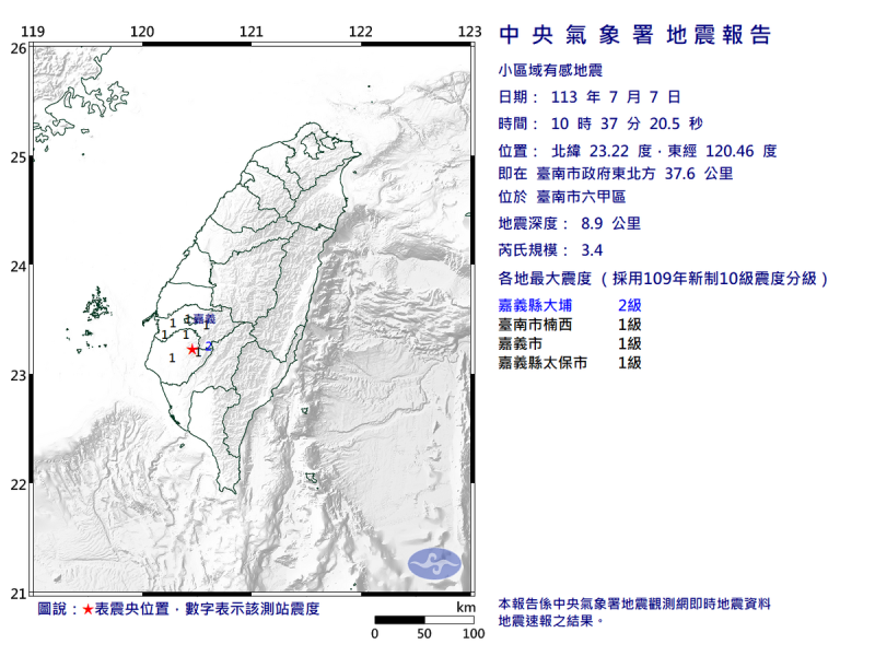 今日10時37分又發生3.4規模的地震，地震深度8.9公里。   圖：翻攝自中央氣象署官網