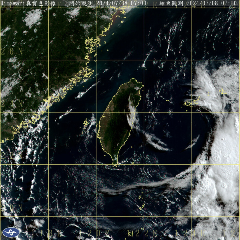 太平洋高氣壓中心近似滯留，今天吹的是東南風、環境較不穩定。迎風面東南部、恆春半島將有局部陣雨。   圖：中央氣象署／提供