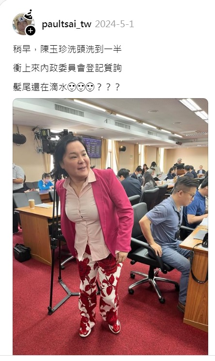 今年5月初，國民黨立委陳玉珍（前）因為濕著頭髮衝進內政委員會登記質詢，嚇倒不少網友。   圖：翻攝自Threads