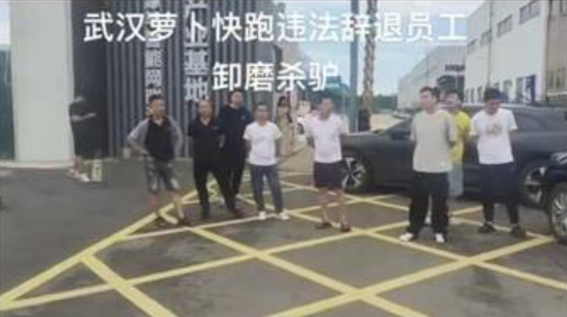  在武漢市區，遭到裁員的「蘿蔔快跑」司機站成一排，憤慨地吶喊被公司解雇無奈的心情 圖 : 翻攝自 X / 李老師不是你老師 