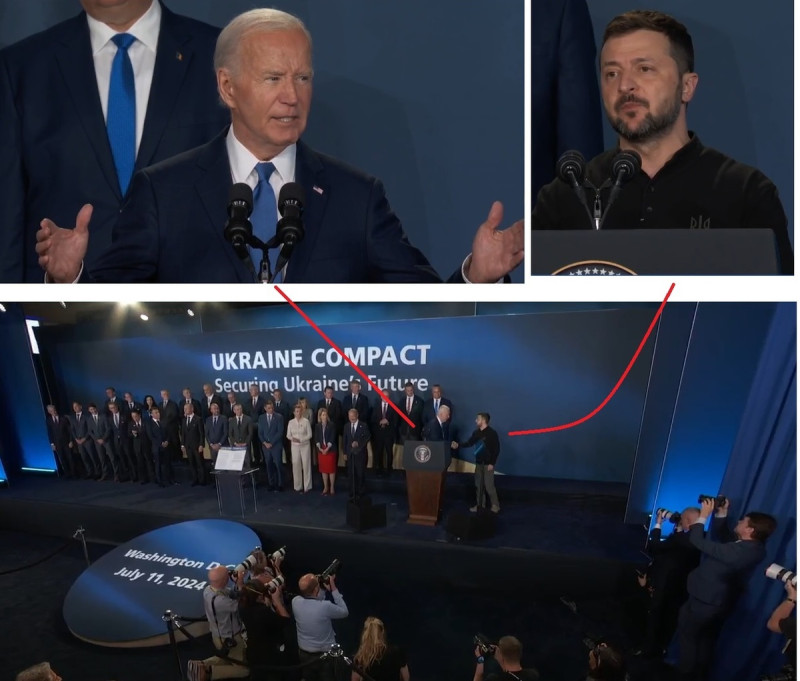 美國總統拜登（左上圖）在北大西洋公約組織高峰會上，介紹烏克蘭總統澤連斯基（右上圖）時，竟然叫成「普丁總統」。   圖：翻攝自白宮臉書／新頭殼製
