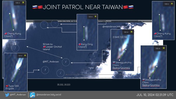 海外分析師推測，跟蹤中國、俄羅斯軍艦的船艦，應該是台灣的成功級巡防艦以及康定級巡防艦。   圖：翻攝自 @MT_Anderson X 帳號