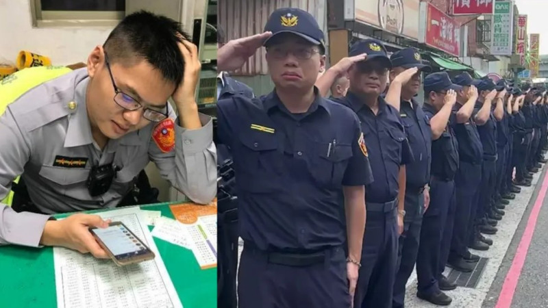 Rekan-rekan dari kantor polisi berbaris untuk mengirim Huang Weizhen dalam perjalanan terakhirnya.   Foto: Foto dari Facebook Huang Weizhen di sebelah kiri, disediakan oleh polisi di sebelah kanan