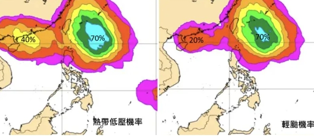 最新(16)日20時歐洲模式(ECMWF)50次系集模擬顯示，菲律賓附近的「熱帶擾動」，下週二已穿過菲律賓進入南海，發展成「熱帶低壓」機率為40%(左圖)，「輕颱」的機率則已調低至20%(右圖)，且往西北、朝廣東前進，對台灣無威脅。台灣東南方海面另有一「熱帶擾動」，下週二發展成「熱帶低壓」(左圖)或「輕颱」(右圖)的機率，皆調高至70％，且動向較具威脅。   圖：翻攝自「三立準氣象 老大洩天機」