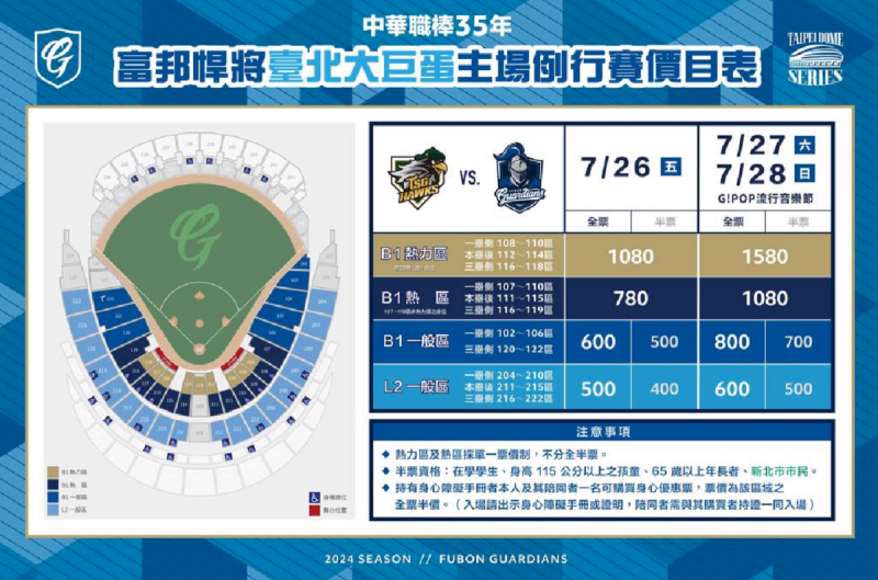 富邦悍將透露，最靠近啦啦隊的熱力應援區一張票1580元。   圖：翻攝自富邦悍將FB