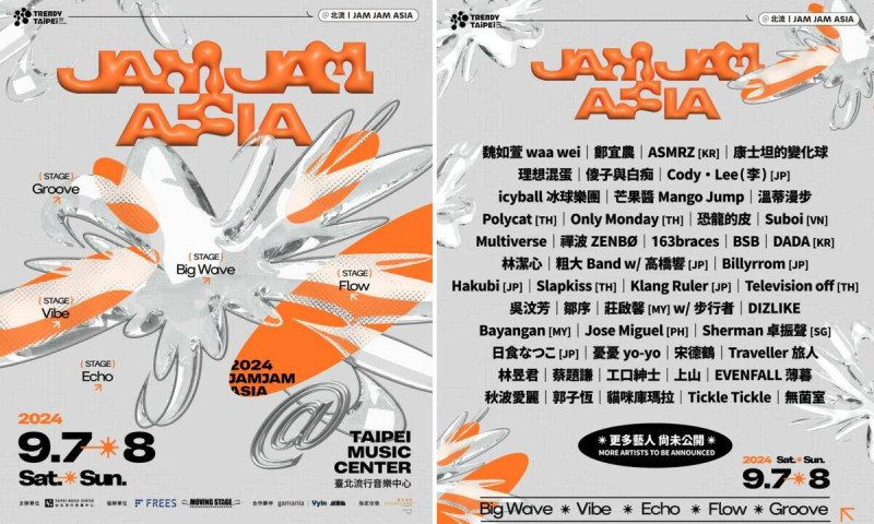 北流公布「JAM JAM ASIA」音樂節卡司。   圖：取自台北流行音樂中心臉書