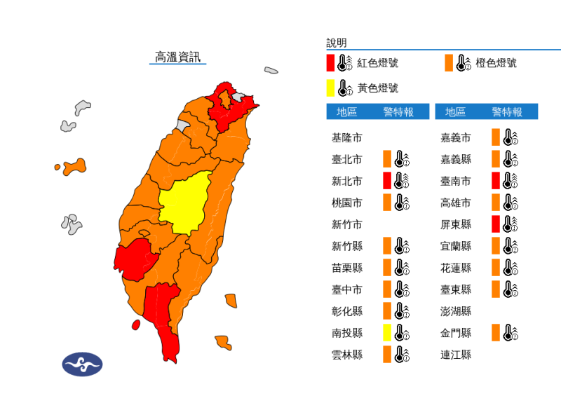 今天全台持續受太平洋高壓影響，各地上午晴朗穩定、高溫炎熱，18縣市都在高溫警戒範圍。   圖：中央氣象署／提供