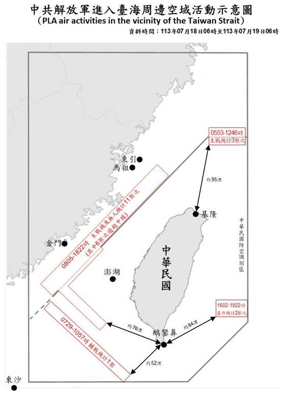  國防部公布中共解放軍進入臺海周邊空域示意圖。 圖：國防部提供 