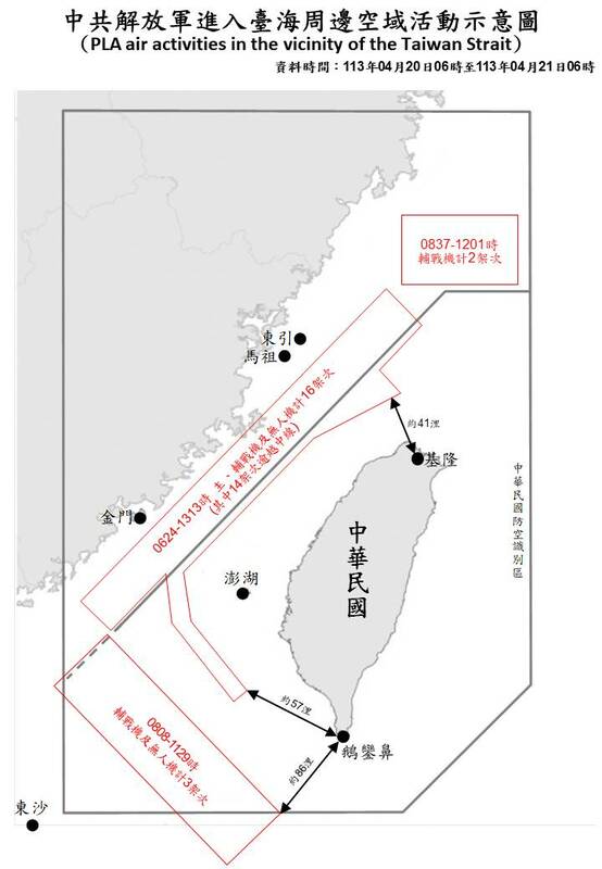 17架次共機越中線擾台周邊空域，最近距離鵝鑾鼻34浬。   圖片來源/國防部