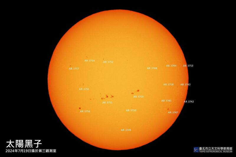 天文館指出，7月18日當天，太陽表面共有17群活躍區，黑子總數高達288個，這個數字創下了自2002年7月以來的最高紀錄。   圖：台北市立天文館／提供