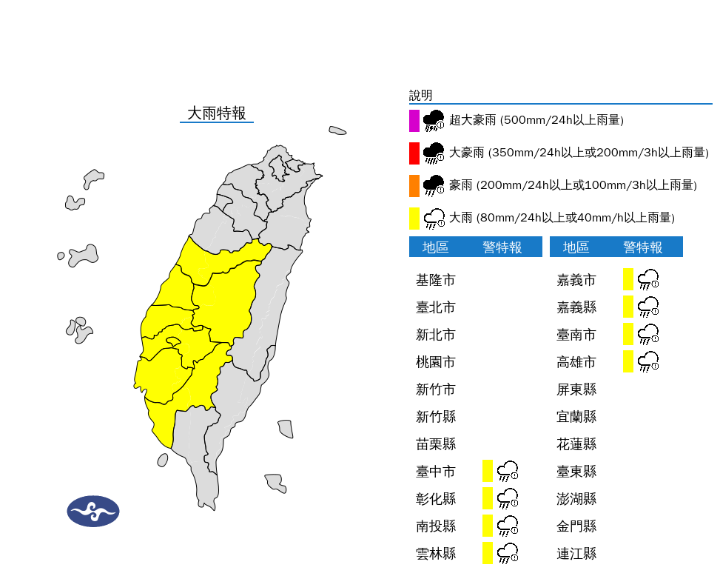 對流雲系發展旺盛，易有短延時強降雨，今(20)日台中至高雄及南投地區有局部大雨發生的機率。   圖：氣象署／提供