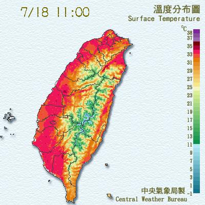 今(18)日11:37氣象局已經發布警訊表示，大台北地區高溫已達到36.2度，並有37度高溫發生的機率，請注意防曬、多補充水分並預防中暑。   圖：中央氣象局