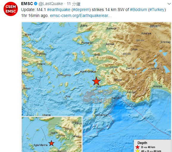 土耳其愛琴海附近發生規模6.7強震，連希臘的柯斯島都受影響，歐洲地震局指出可能會出現小型海嘯。   圖：翻攝歐洲地震局推特