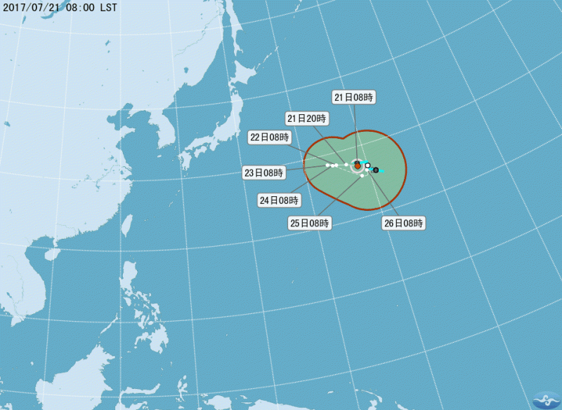 原位於日北東方海面的熱帶性低氣壓於今日發展為輕度颱風，編號第5號，由南韓命名為NORU(諾盧)，未來預測會向日本東方海面移動。   圖：中央氣象局