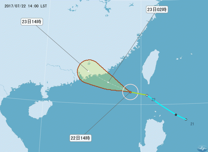 今年第7號颱洛克於今天下午發展為輕度颱風，但由於發展條件不利，移動速度又快，並不會直接影響台灣天氣。   圖：中央氣象局˙