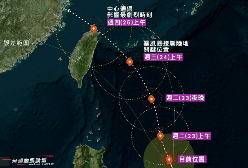 氣象粉專「台灣颱風論壇｜天氣特急」預測凱米暴風圈將在週三（7/24）上午提早接觸台灣陸地。   圖：翻攝自台灣颱風論壇｜天氣特急 臉書