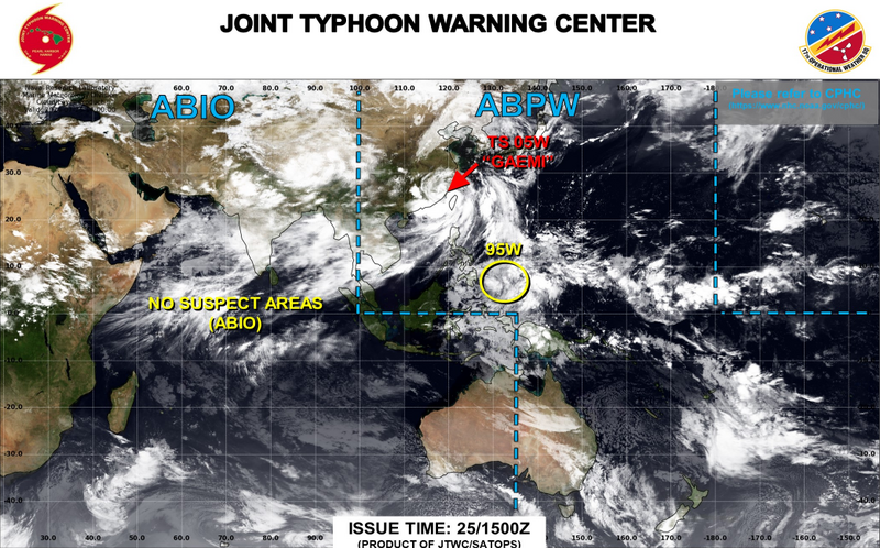 美軍「聯合颱風警報中心」（JTWC）發佈通報，菲律賓東部海域目前有一個熱帶擾動95W正在發展。   圖：翻攝JTWC官網