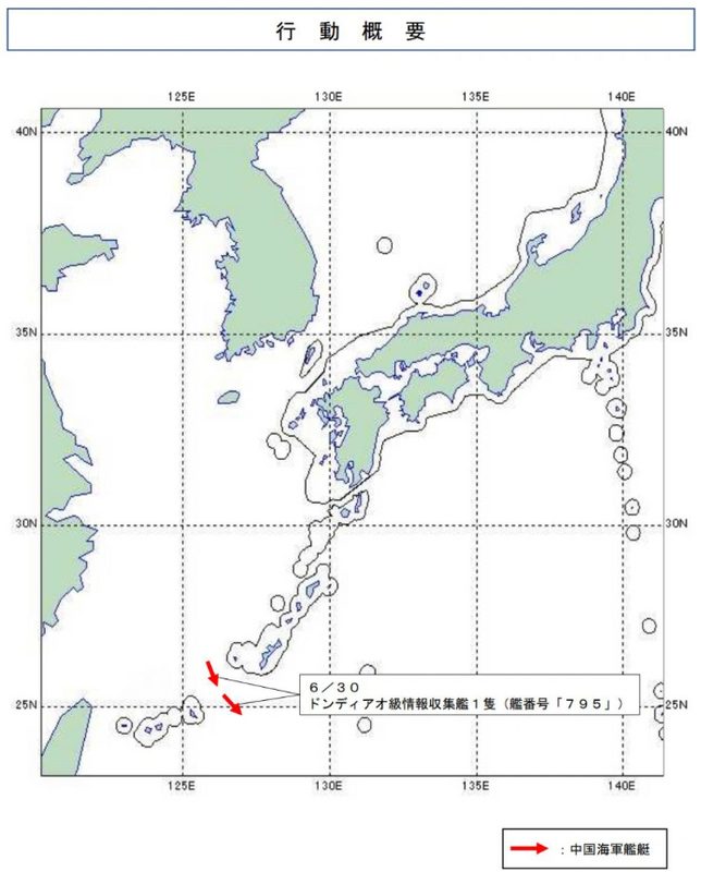 日本防衛省指出，815A 型電子偵察船在 6 月 30 日過宮古海峽進入西太平洋。   圖：翻攝自日本防衛省