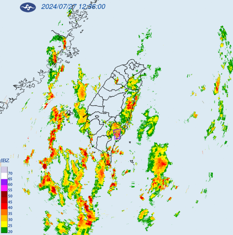氣象署今（27）天午後並針對「台東縣」發布大雷雨即時訊息，持續時間至13時45分止。   圖：翻攝自中央氣象署官網
