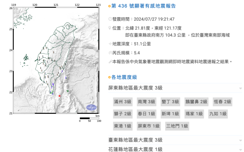 台東外海27日晚間7時21分發生芮氏規模5.4地震。   圖：取自氣象署網頁cwa.gov.tw