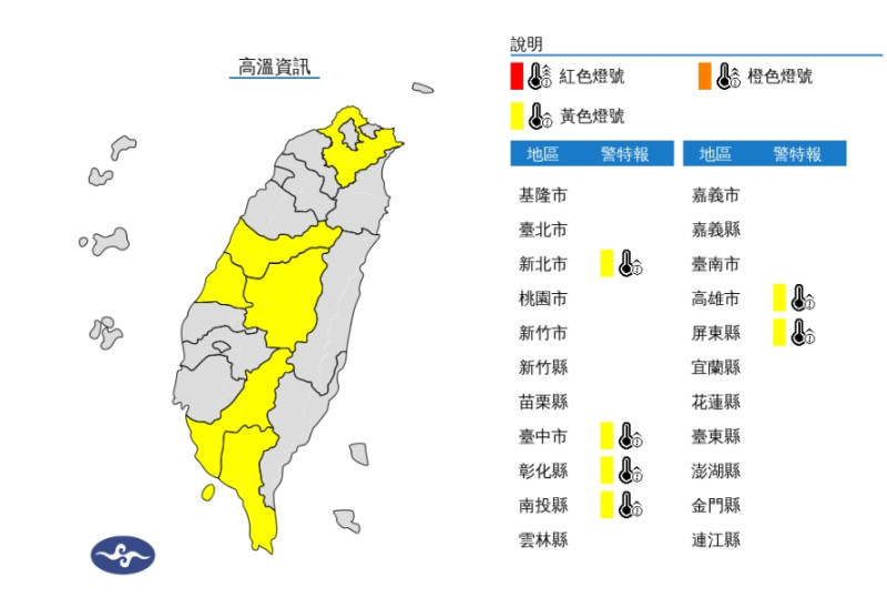 氣象署針對6縣市發布高溫警戒黃色燈號。   圖/中央氣象署