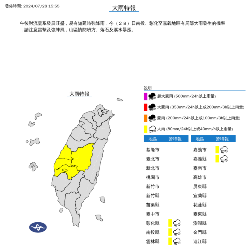 氣象署稍早今(28)日發布大雨特報！並針對南投縣、彰化縣至嘉義市、嘉義縣、南投縣，發布大雷雨即時訊息。   圖：氣象署／提供