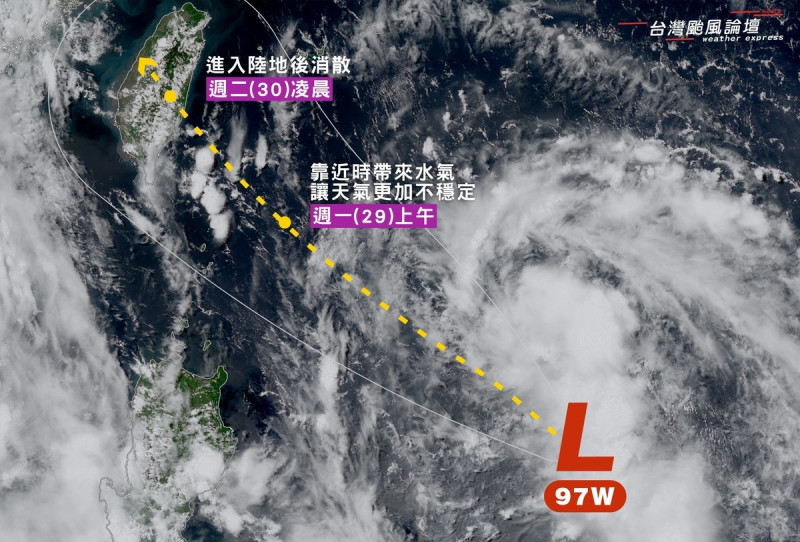 同一低壓帶內又有新擾動「 97W 」接力生成，將取代「 95W 」快速移動向台灣台灣東南方海域接近。   圖：翻攝自 台灣颱風論壇｜天氣特急