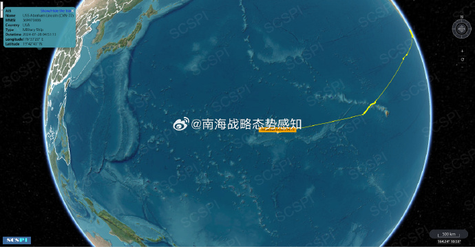 美國海軍派遣尼米茲級核子動力航空母艦林肯號(CVN-72)填補西太平洋無航艦空缺。   圖：翻攝「微博」@南海戰略態勢感知