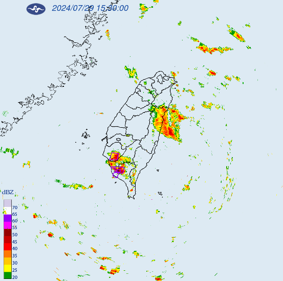 今(29)日高雄市、屏東縣有局部大雨或豪雨，新竹、苗栗、台南、花蓮地區及宜蘭、中部山區有局部大雨發生。   圖：翻攝自中央氣象署官網