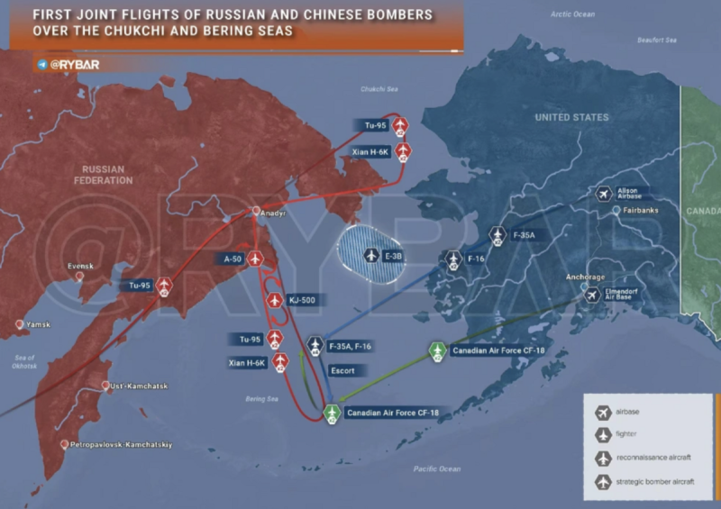 俄羅斯智庫公佈中俄第 8 次聯合空中戰略巡航白令海的路線圖   翻攝自：騰訊網