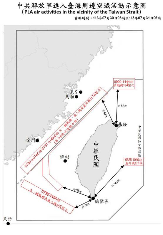  國防部公布中共解放軍進入臺海周邊空域活動示意圖。 圖：國防部／提供 