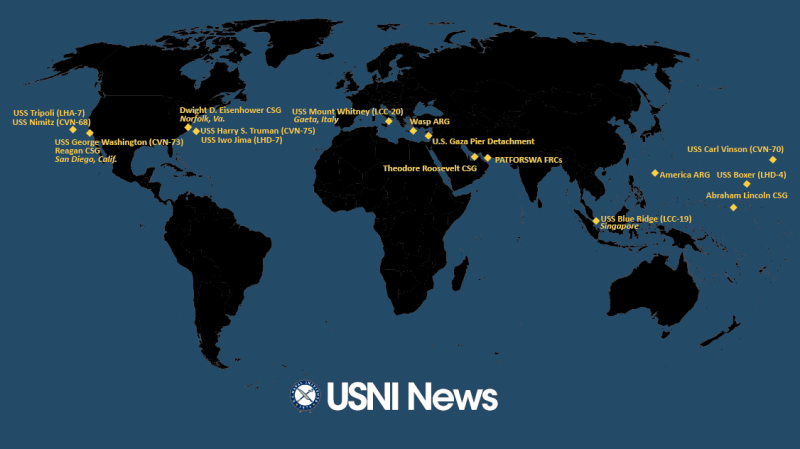  美軍大型平台艦7月29日分布，西太平洋僅有兩棲突擊艦「美利堅號(LHA-6)」，另外卡爾文森號(CVN-70)、林肯號(CVN-72)和拳師號( LHD-4)在中太平洋區域。 圖：翻攝usni.org 