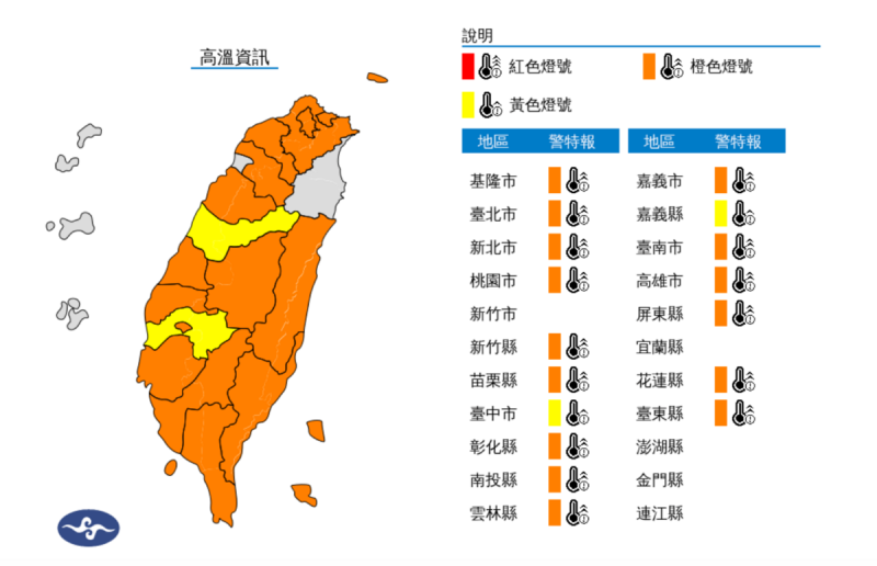 各地天氣高溫炎熱，中央氣象署發布高溫特報，今(4)日白天台北市、新北市、彰化縣、嘉義市為橙色燈號，有38度極端高溫出現的機率。   圖：翻攝自中央氣象署官網