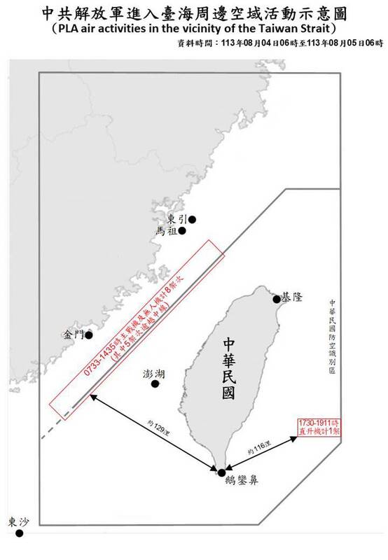 國防部今（5）日公布「中共解放軍進入台海周邊空域活動示意圖」   圖：國防部提供。