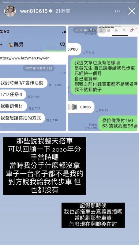 隨後罔腰曬出跟鳳梨的聊天記錄，提到2020年跟鳳梨分手時，對方答應要給她一台代步車，但最後都沒有，所以會搭多元計程車並刷他的卡付費。   圖：翻攝自罔腰IG