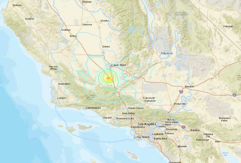 美國當地時間週二晚上，加州拉蒙特附近發生了一次 5.2 級地震，震中位於拉蒙特西南約 24 公里處，貝克斯菲爾德以南約 40 公里處   圖 :翻攝自美國地質調查局網站
