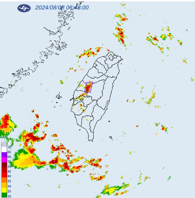 中央氣象署今天一早，針對台中市、彰化縣、南投縣、雲林縣」等中部縣市，發布大雷雨即時訊息，持續時間將到上午8時30分止。   圖：中央氣象署／提供